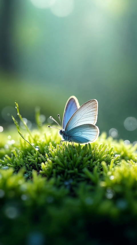 Blue Butterfly Resting on Moss in Soft Morning Light