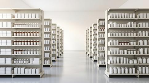 Pharmacy shelves with medicine bottles in bright modern store