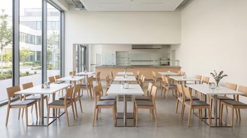 Modern hospital cafeteria dining room in bright medical clinic