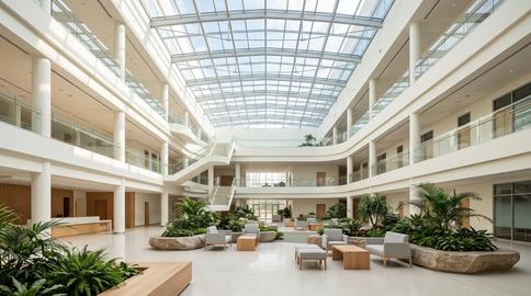Modern hospital atrium lobby with bright skylight architecture
