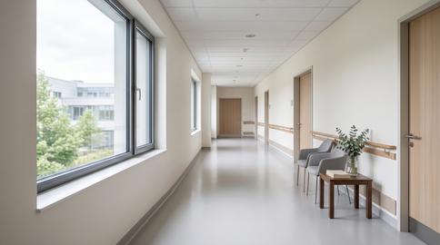 Empty Modern Hospital Corridor with Bright Clinic Hallway