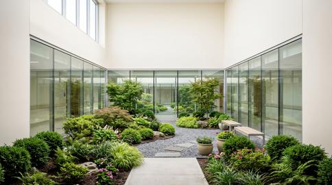 Healing garden courtyard in modern wellness clinic hospital