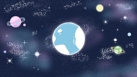 Cute, hand-drawn style space and animated background of a rotating Earth