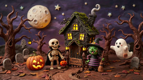 Cute Claymation Halloween Scene-Loop - Witch, Skeleton, Ghost & Pumpkin in Haunted House Graveyard