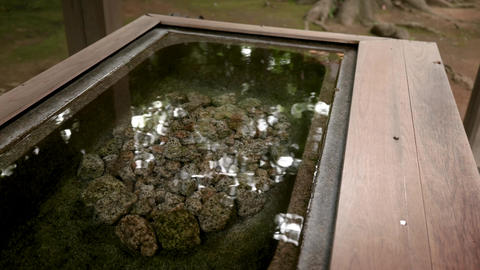 Stone water basin with shimmering reflections at shrine