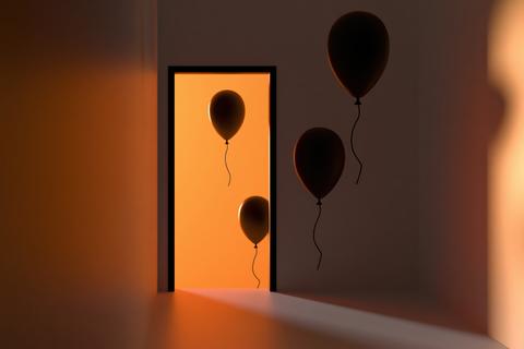 Surreal Halloween Hallway with Floating Black Balloons and Orange Portal Light