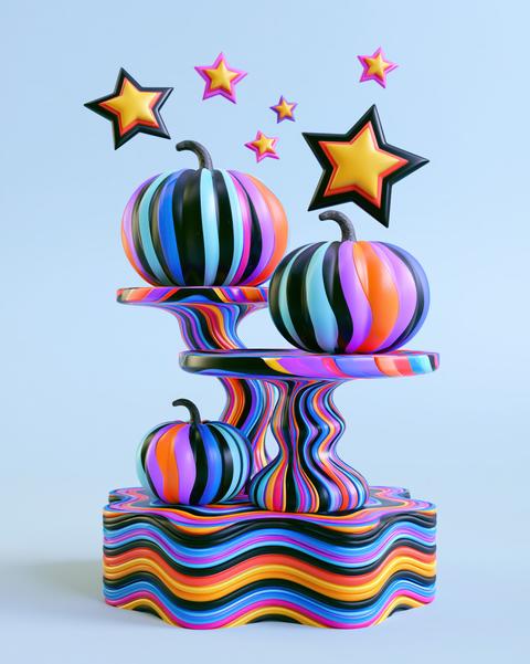 Colorful Striped Pumpkins on Wavy Pedestal in Pop Surreal Halloween Scene
