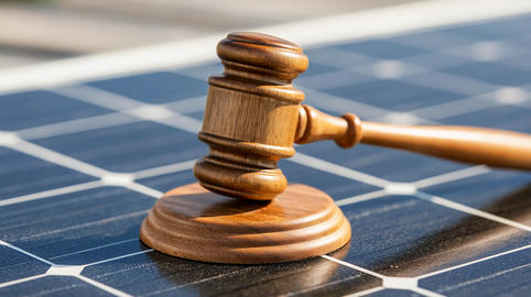 A wooden judge’s gavel lies on the surface of a solar panel