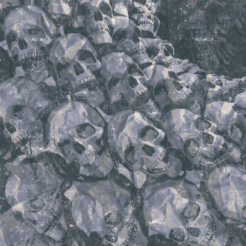 Wall of cartoon-style skulls on an old shabby surface that open their mouths. 3d rendering