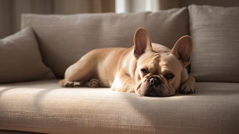 French bulldog resting on a sofa with soft natural light