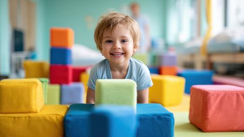 Happy toddler boy playing with colorful soft blocks in a bright playroom