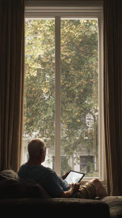 Elderly man relaxing on sofa with tablet, looking out window at trees