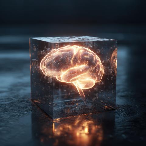 Glowing human brain encased in ice cube with abstract digital elements