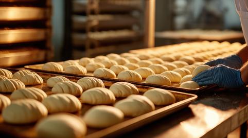 Baker preparing rows of dough for baking in a commercial kitchen