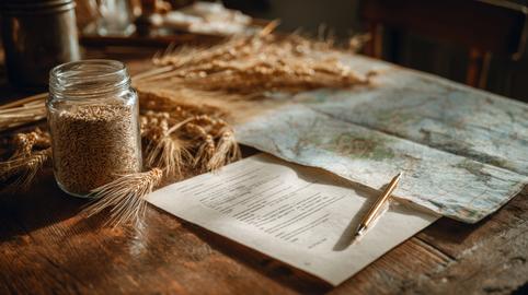 Rustic table setting with jar of grains, wheat stalks, map, and pen