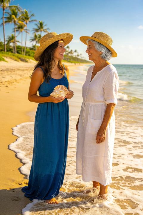 Senior Mother and Adult Daughter Enjoying Seaside Vacation and Retirement Travel