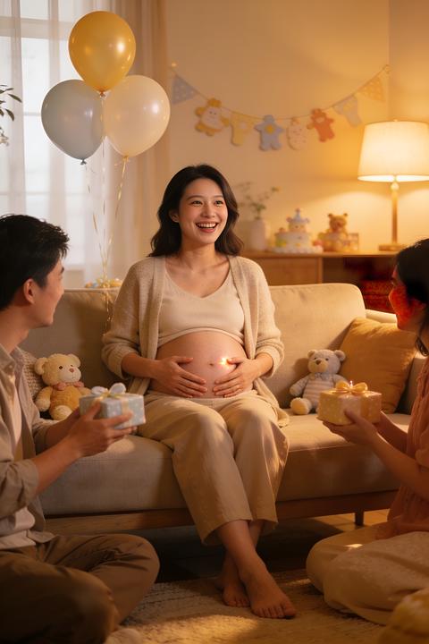Pregnant Woman Celebrating Baby Shower with Friends at Home