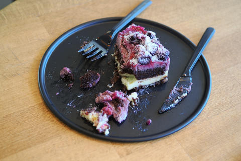 Dessert plate with cake remnants and utensils