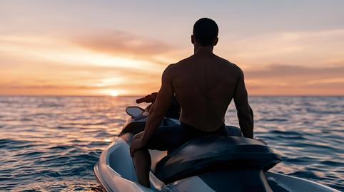 Man enjoying jet ski ride during ocean sunset