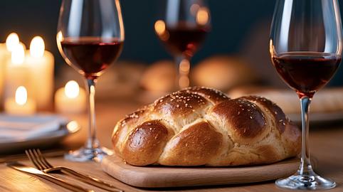 Challah bread with red wine on sabbath table