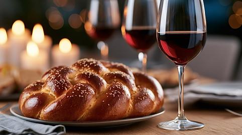 Challah bread with wine and candles on shabbat table