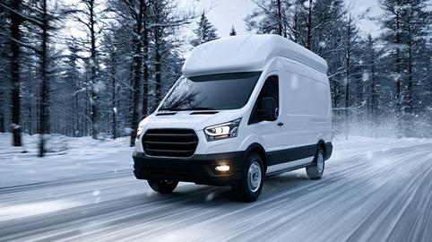 White delivery van driving on snowy winter road