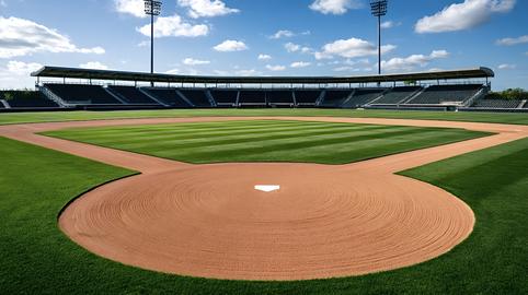 Baseball field with stadium seating under blue sky