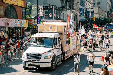 Toronto, Canada - June 29, 2025: Decorated truck float rolling through city