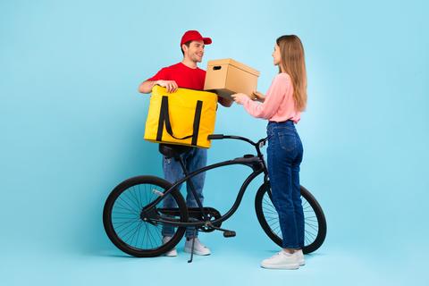 Young Man And Woman Engaging In Delivery Service With Bicycle, Colorful