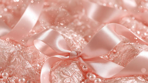Elegant Pink Satin Ribbon Bow on Lace and Pearl Background