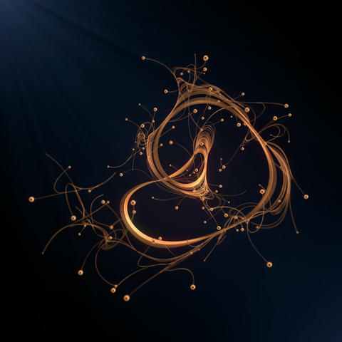 Abstract 3d rendering gold jewelry with shiny shapes beads on a dark background