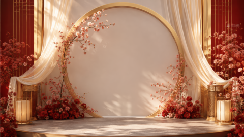 Elegant Red and Gold Asian Wedding Stage with Cherry Blossoms