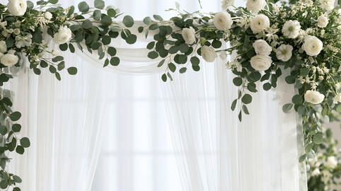 Elegant Botanical Wedding Arch Frame with White Roses, Ranunculus, Eucalyptus, and Soft Curtains
