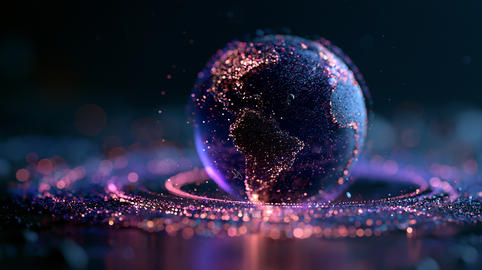 Futuristic Digital Globe Concept with Glowing Particles, Network Connections, and Quantum Data Rings