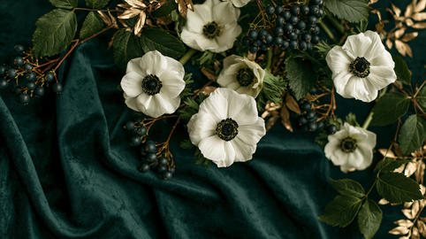 Dark Green Velvet Texture with White Anemone Flowers and Gold Leaves Flat Lay