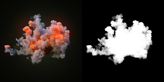 Composition with large explosions in dark plus alpha channel. 3d rendering