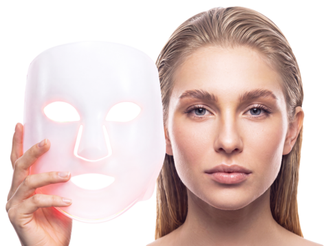 A woman wearing an LED facial mask. Cut out background, PNG