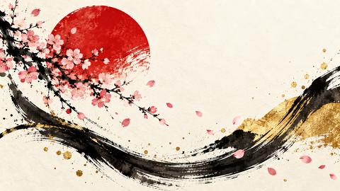 Japanese Cherry Blossom Background with Red Sun and Black Ink Brush