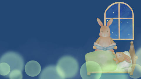 A frame featuring a mother rabbit and her child reading a picture book in bed on a starry night