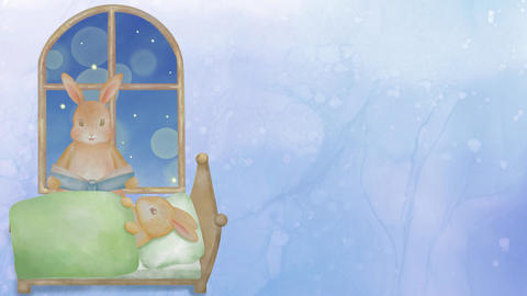 A looping animation showing a mother rabbit and her baby reading a bedtime story in the bedroom