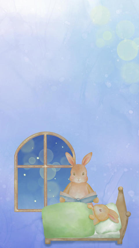 A vertical looping animation showing a mother rabbit and her baby reading a bedtime story