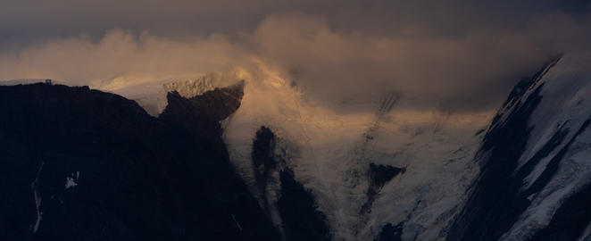 Summer view of the Mont Blanc massif above forested slopes