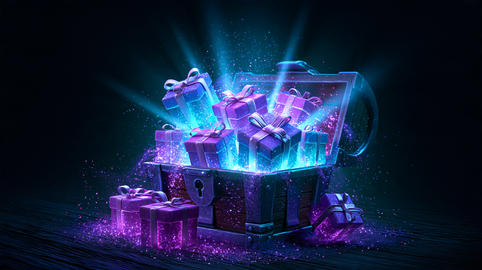 Magical treasure chest overflowing with glowing purple and blue gift boxes