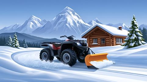 Atv snowplow clearing winter path near mountain cabin