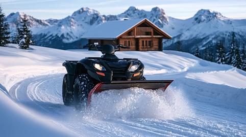 Atv plowing snow on mountain road near a rustic cabin