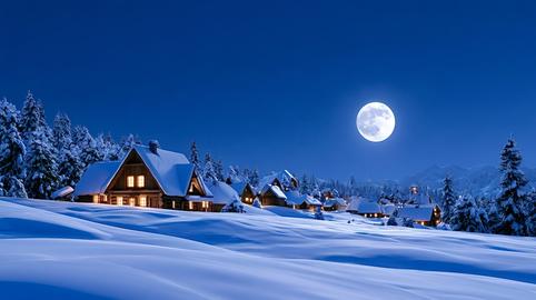 Winter village houses glowing under a full moon at night