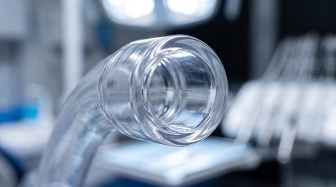 Closeup of transparent saliva ejector tip tubing on dental chair with cool clinical lighting