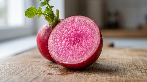Close-up of half pink watermelon radish on wooden board with green leaves