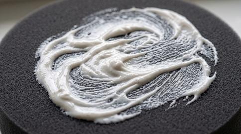 Closeup smear of white polishing paste on black foam pad with textured swirl