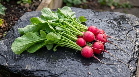 Fresh bunch of radishes with bright green leaves arranged on wet black slate outdoors